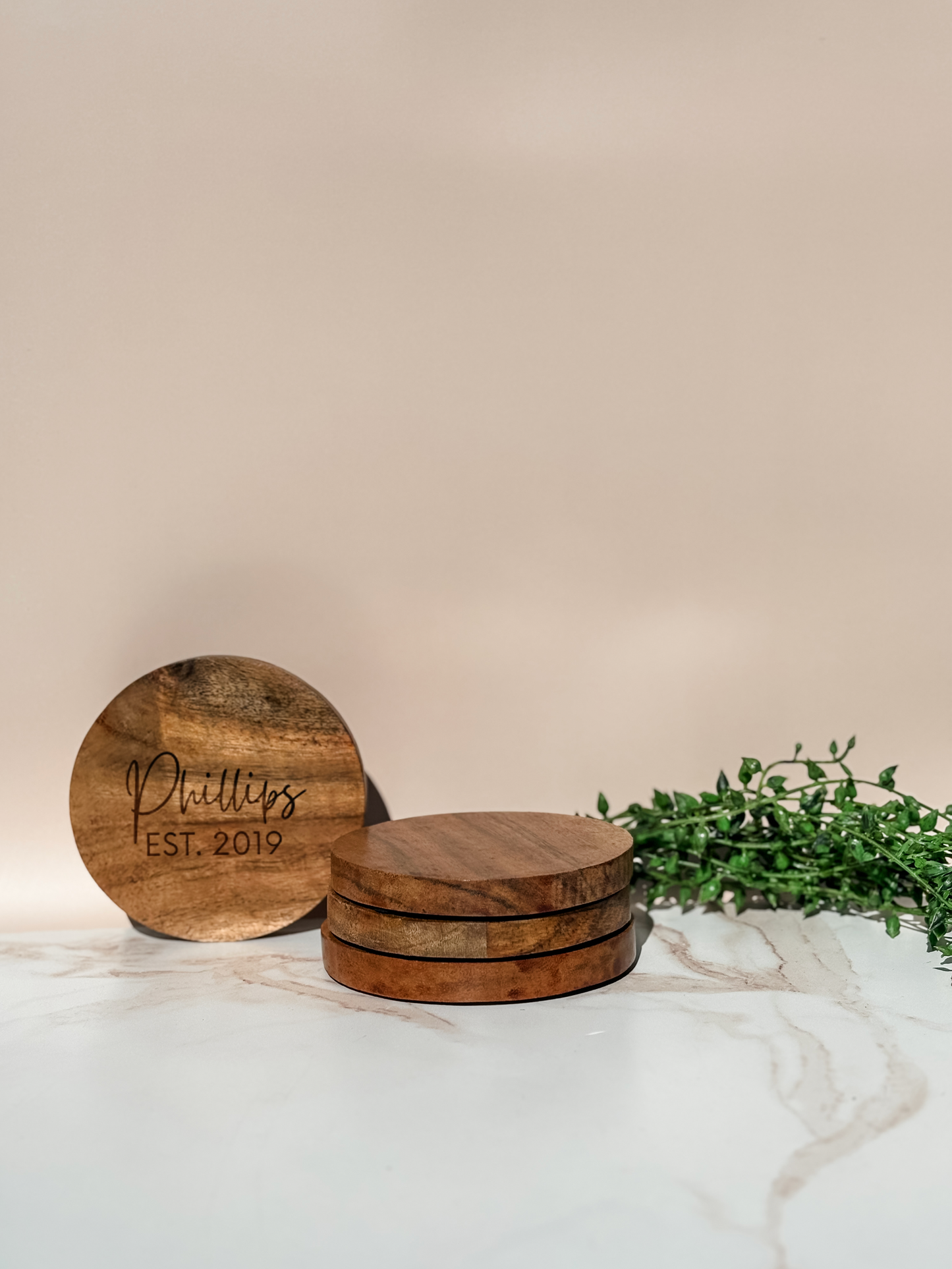 Name + EST Date - Acacia Wood Coasters (Set of 4)